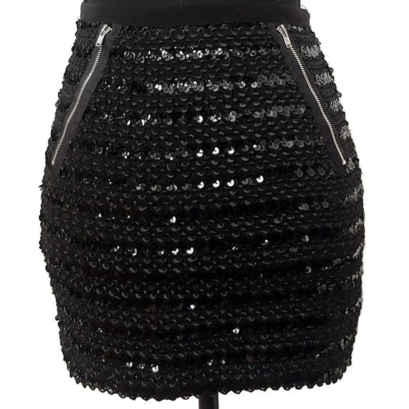 Black Sequin and Exposed Zipper Goth  Mini Skirt - Picture 1 of 7